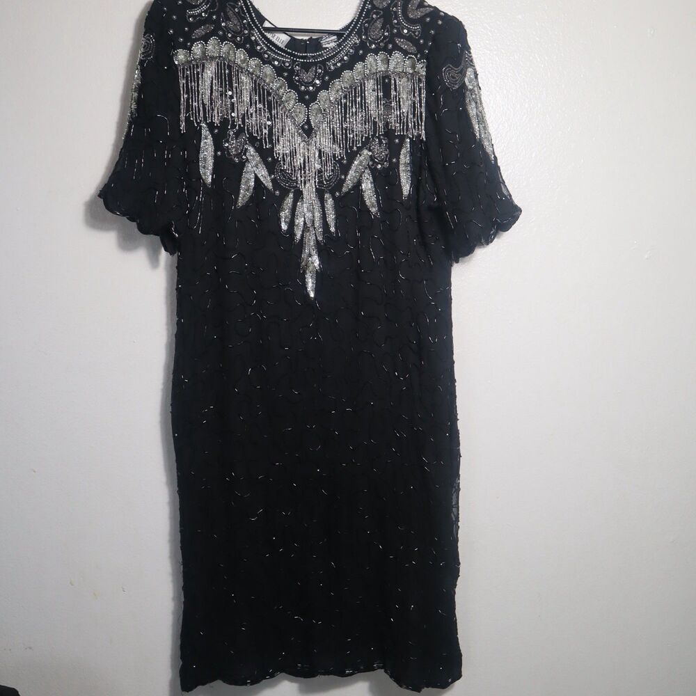 Denise Elle Dress Womens Large  Beaded Sequin Short Sleeve Shoulder Pads